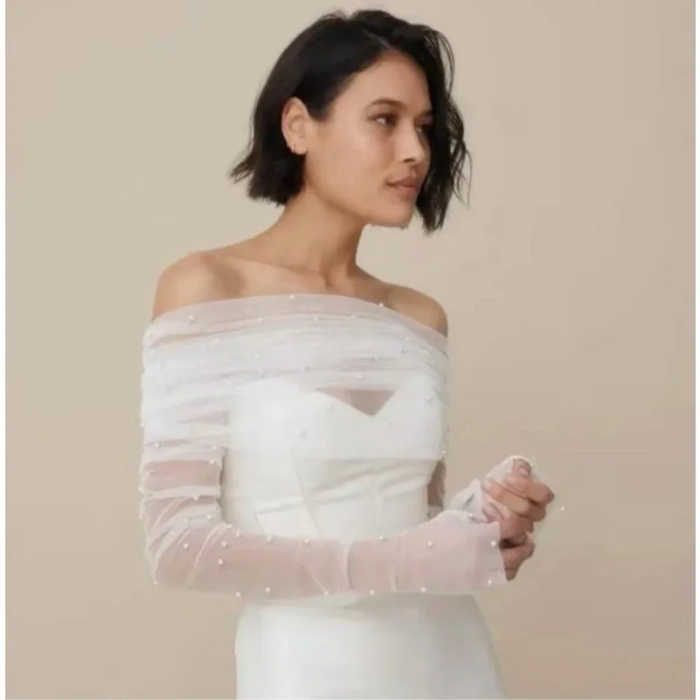 White Tulle Pearl Bridal Shrug Wedding Wrap Capelet Off Shoulder Bolero